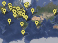 Global map with points showing all places UGA Marine Sciences has been, including Anartica, North America, Greenland, Africa, China etc