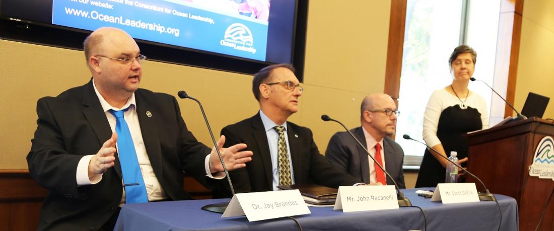 UGA Skidaway Institute scientist Jay Brandes discusses marine plastics at the congressional briefing.  He was joined on the panel by John Racanelli, president and CEO of the National Aquarium (center), and Scott DeFife, vice president of government affairs of the Plastics Industry Association.