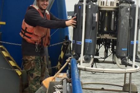 CTD profiles on the GA South Atlantic Bight.  Graduate student Trevor Richards hard at work