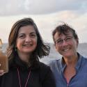 Patricia Yager, holding bottle of seawater next to Debbie Landrum